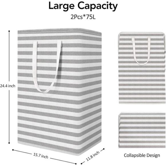 2-Pack Laundry Hamper 75L Collapsible Large Laundry Baskets with Easy Carry - Picture 2 of 7